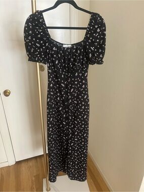 Topshop Black Floral Puff Sleeve Midi Dress Cottagecore Milkmaid US 6